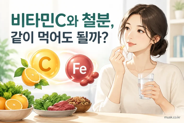 오렌지와 철분 보충제를 함께 보여주는 비타민C와 철분 섭취 안내 이미지