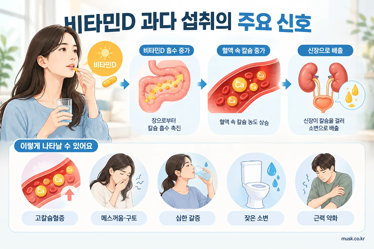 비타민D 과다 섭취로 인한 고칼슘혈증과 주요 증상을 설명하는 인포그래픽