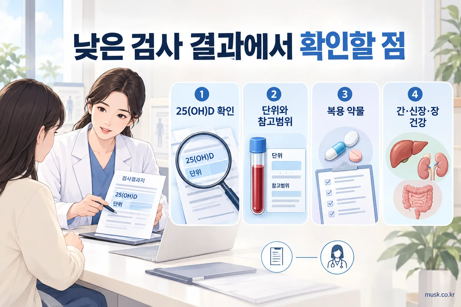 비타민D 검사 결과에서 25(OH)D, 단위, 참고범위와 건강 상태를 확인하는 모습