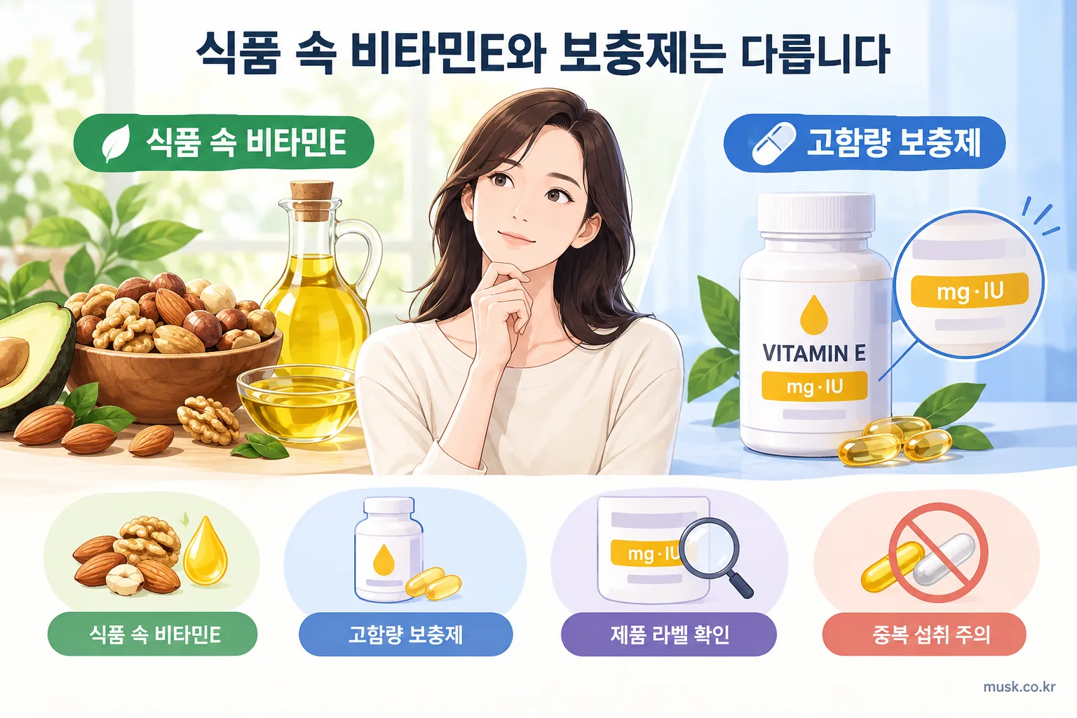 비타민E와 항응고제를 같이 먹어도 될까? 복용 전 확인할 점 2 식품 속 비타민E와 고함량 비타민E 보충제를 구분하는 이미지