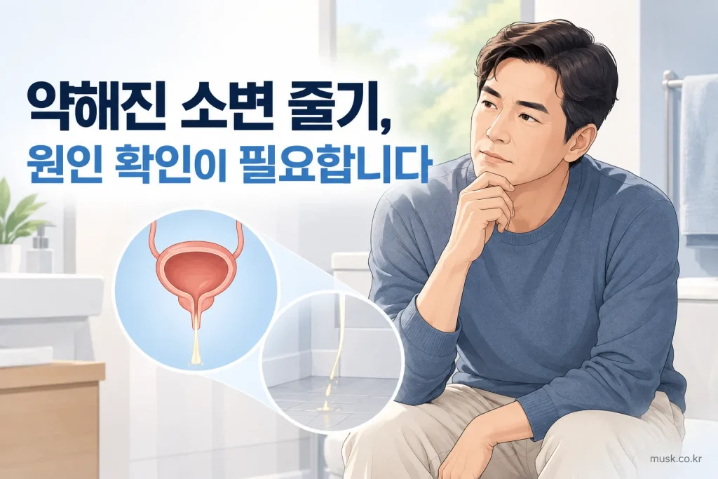 소변 줄기 약화의 다양한 원인을 설명하는 성인 남성 건강 이미지