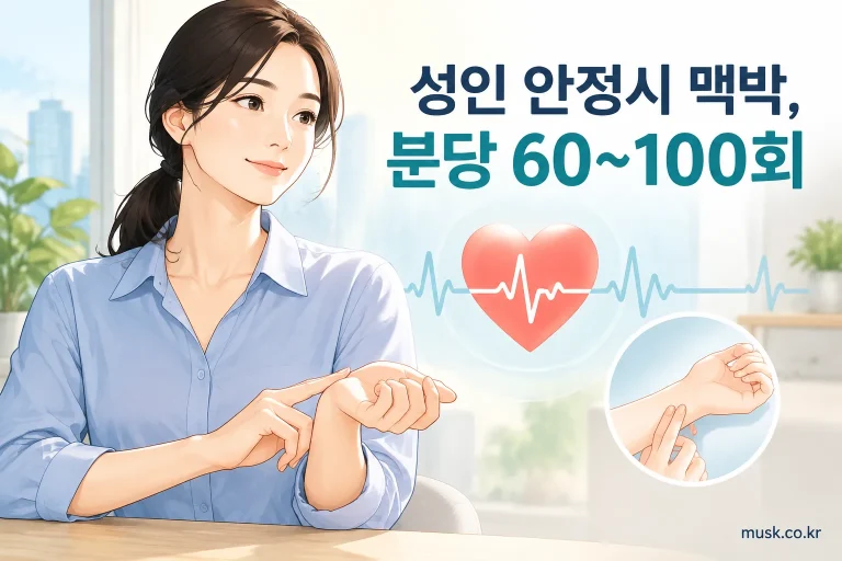 성인이 손목 맥박을 측정하며 안정시 맥박 분당 60~100회를 확인하는 이미지