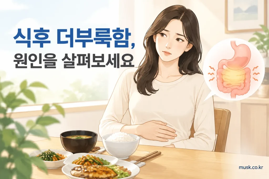 식사 후 배가 더부룩해 복부를 감싸고 있는 성인