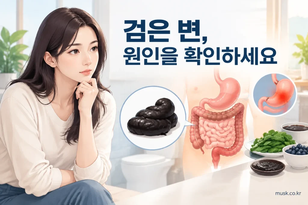 검은 변이 나오는 이유와 위장관 출혈 가능성을 설명하는 건강정보 이미지