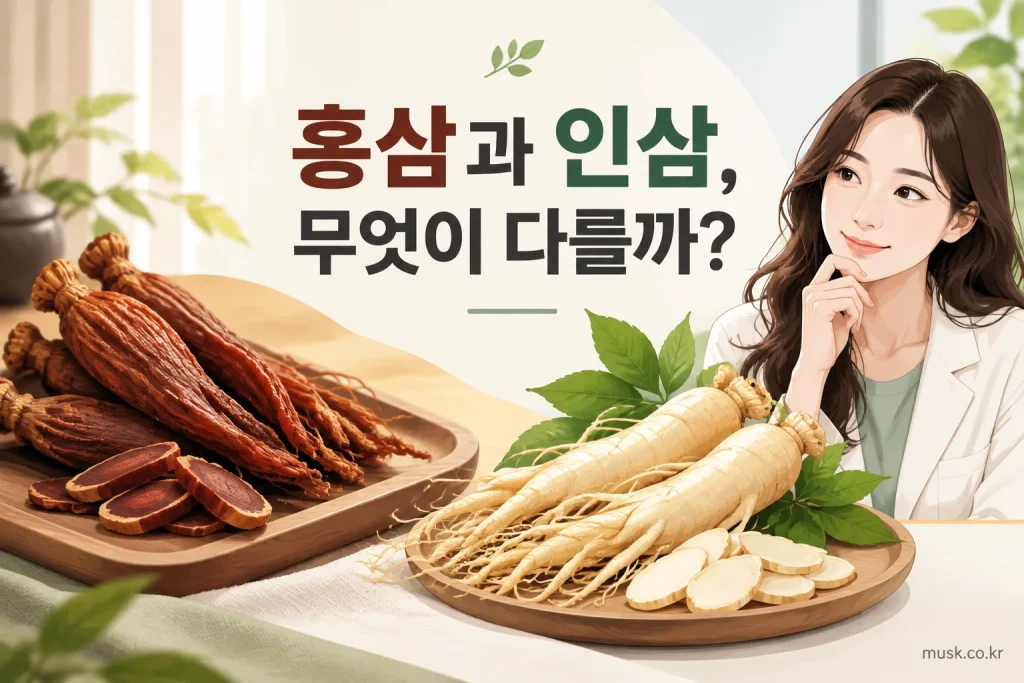 인삼 뿌리와 홍삼을 나란히 비교한 이미지