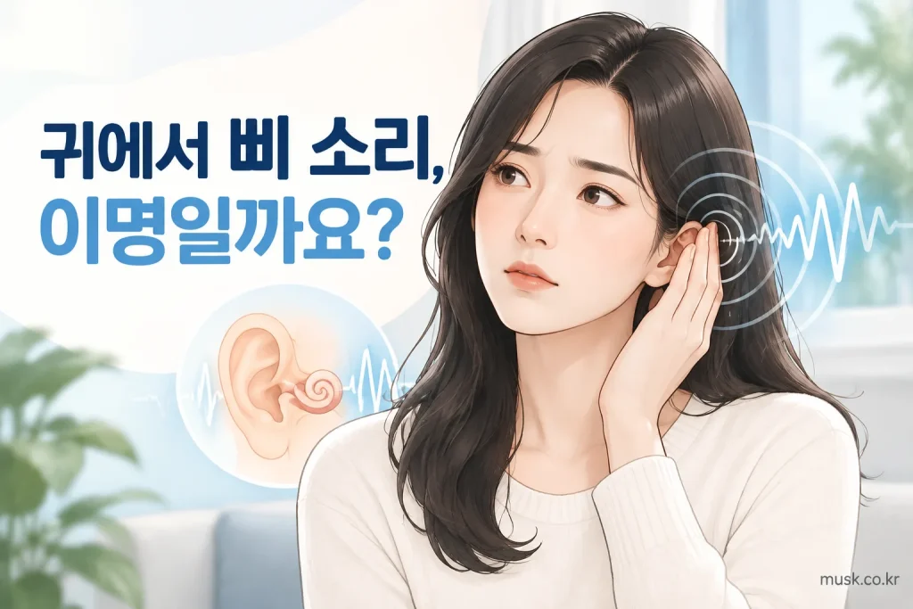 성인이 귀에서 삐 소리를 느끼며 이명을 떠올리는 건강 정보 이미지