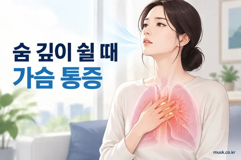 숨을 깊이 들이쉴 때 가슴 통증이 나타나는 상황을 설명하는 대표 이미지