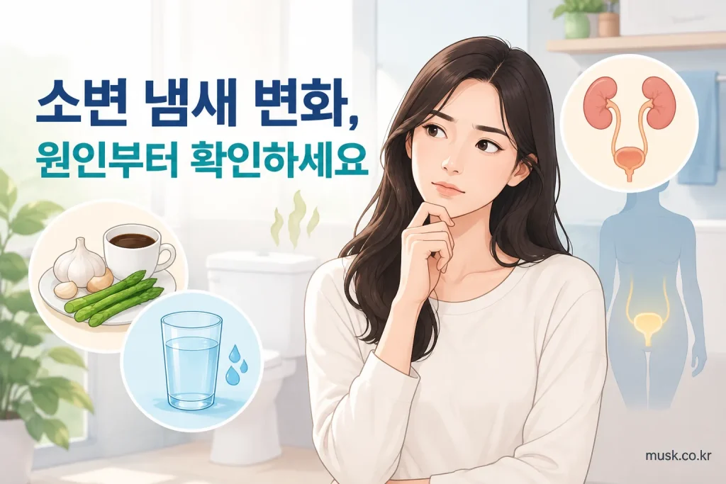 물컵과 소변 검사 컵을 통해 소변 냄새 변화의 원인을 설명하는 이미지