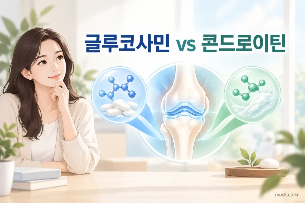 글루코사민과 콘드로이틴의 차이를 비교한 관절 건강 이미지