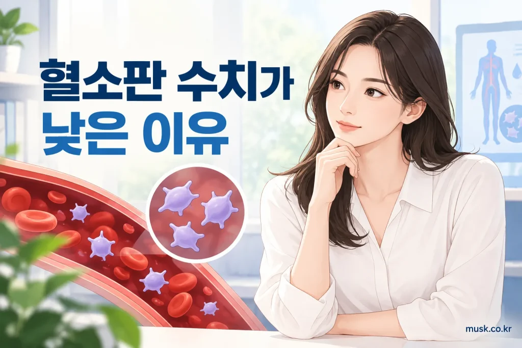 혈소판 수치가 낮은 이유와 재검사 필요성을 설명하는 혈액검사 이미지