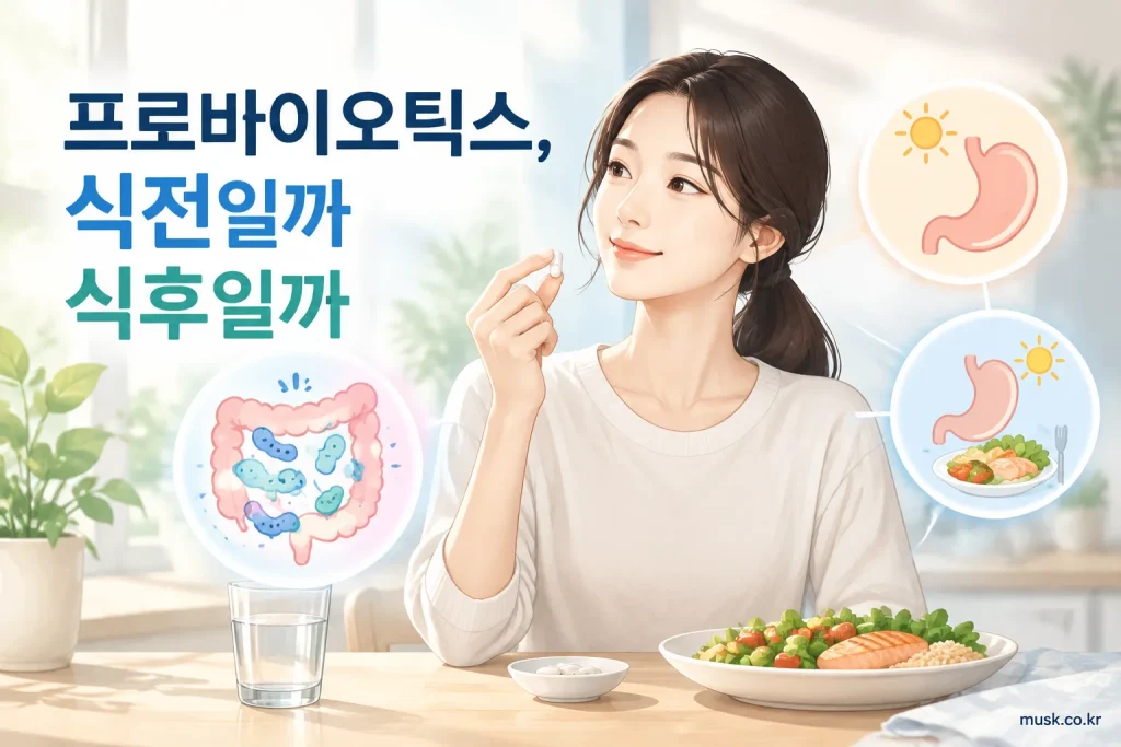 프로바이오틱스 식전과 식후 복용시간을 비교하는 이미지
