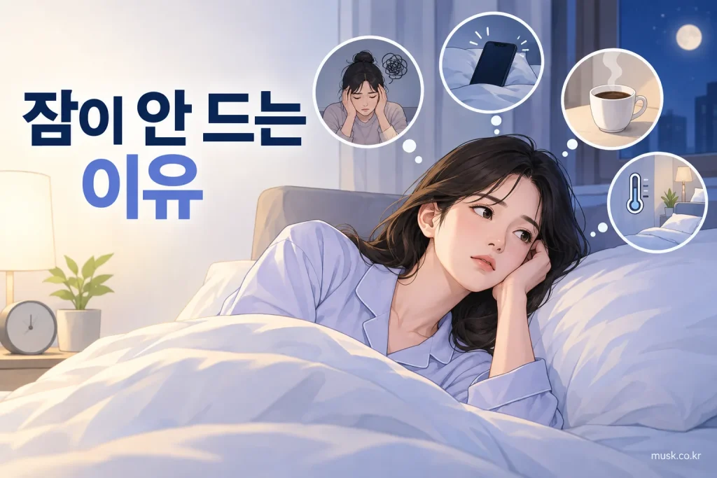 잠들지 못해 침대에 앉아 있는 성인과 잠이 안 드는 이유를 나타낸 대표 이미지