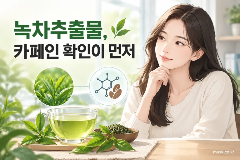녹차 잎과 녹차추출물 캡슐 및 카페인 함량 확인을 상징하는 이미지