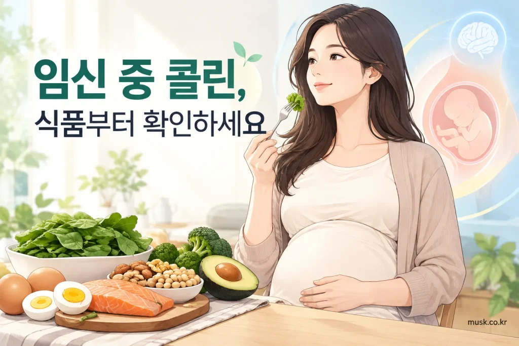 임산부 식탁에 콜린이 들어 있는 달걀과 콩류, 브로콜리, 우유가 놓여 있는 모습