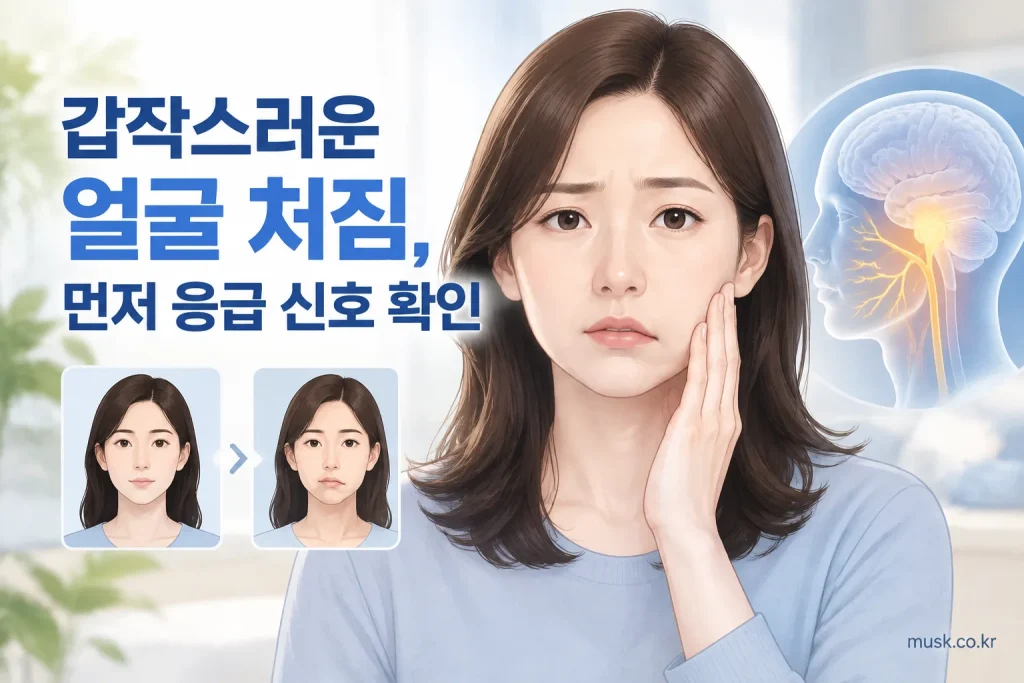 한쪽 얼굴이 갑자기 처졌을 때 응급 신호를 확인하는 의료 일러스트