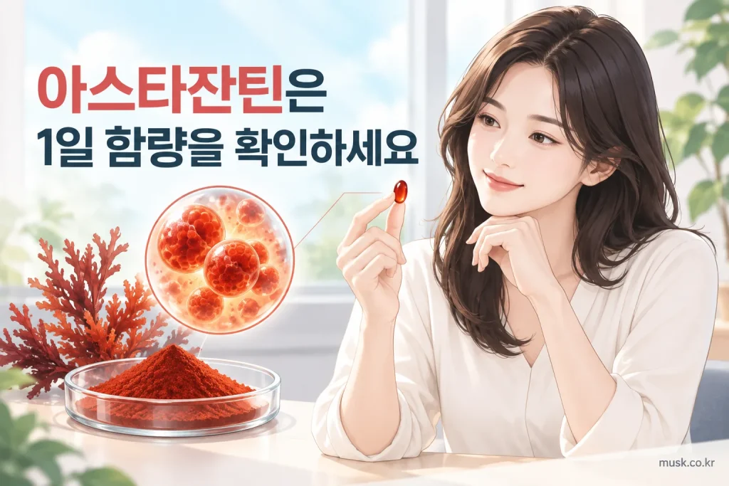 아스타잔틴 건강기능식품의 1일 함량을 확인하는 모습