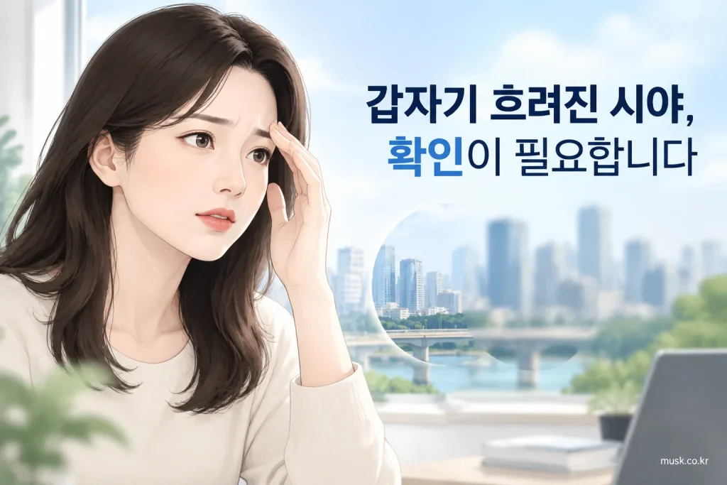 갑자기 흐려진 시야를 느끼는 성인의 눈 건강 이미지