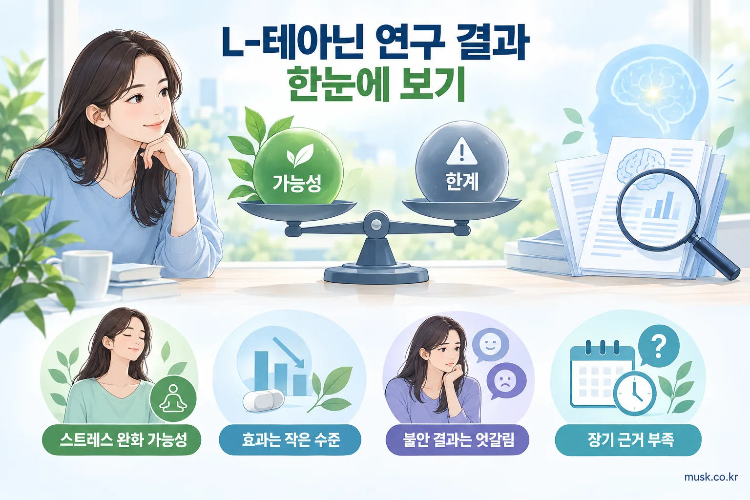 L-테아닌의 스트레스와 불안 관련 연구 결과 및 근거 한계를 보여주는 이미지
