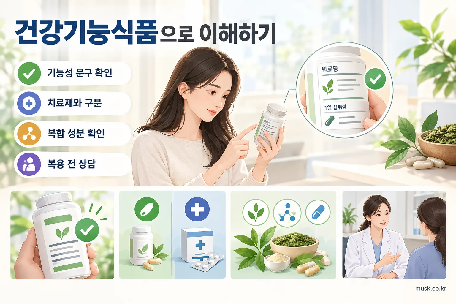 L-테아닌 건강기능식품의 기능성 문구와 복용 전 확인 사항을 보여주는 이미지